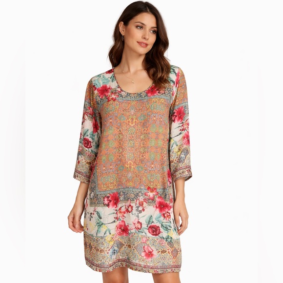 Johnny Was S Silk Floral Kimono Style Tunic Dress Caftan 3/4 Sleeve Cream
